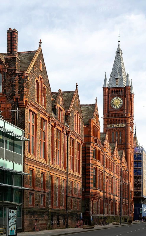 Red brick Victoria building clocktower, Central Campus, University of Liverpool, England, UK