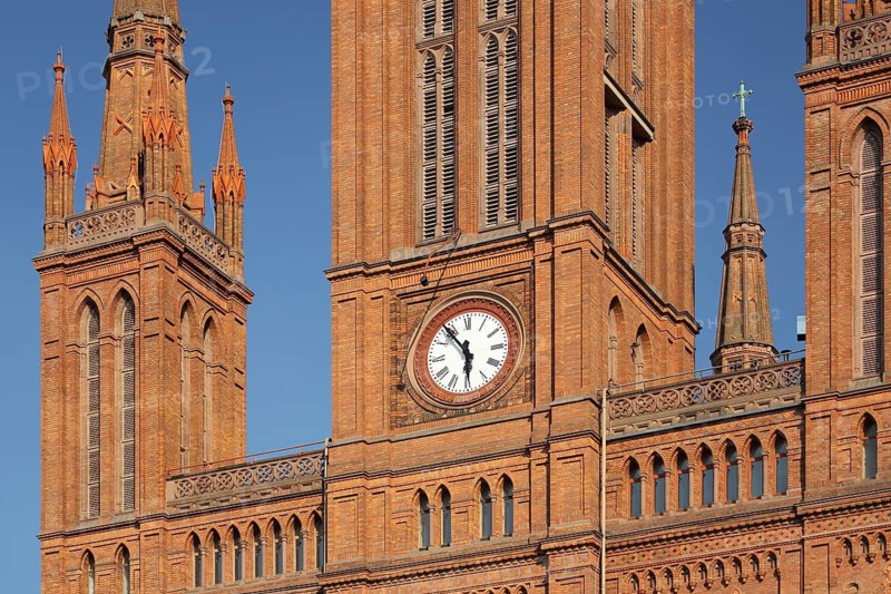 Neo-Gothic market church with clock, detail, tower, Wiesbaden, Taunus, Hesse, Germany