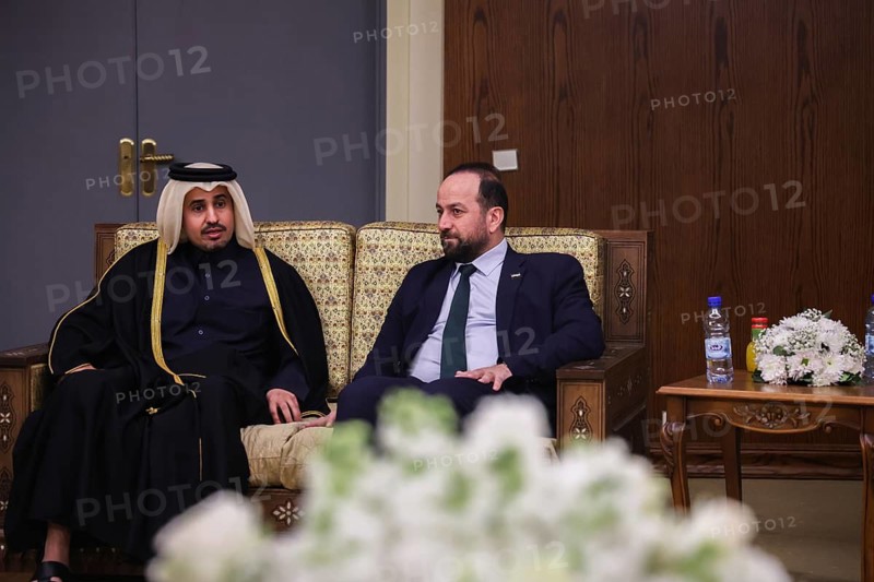 In Damascus, Syria on February 5, 2026, Syrian Foreign Minister Assad al-Shaibani meets with the Saudi Minister of Culture, Prince Badr bin Abdullah bin Farhan Al Saud, on the sidelines of the Damascus International Book Fair opening. The meeting highlights the strengthening of Syrian-Saudi diplomatic and cultural relations, Damascus, Damascus, Syria