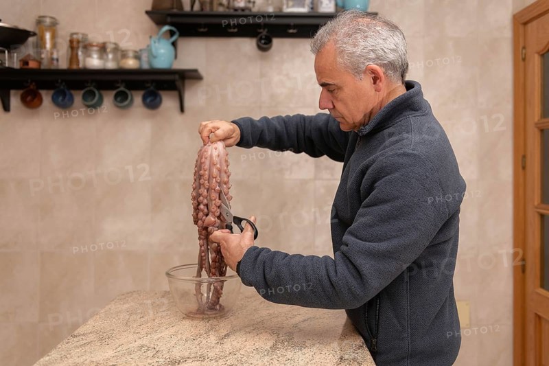 A man in a cozy kitchen carefully cuts an octopus with scissors. Shelves and kitchenware in the background create a warm, homey setting for culinary preparation