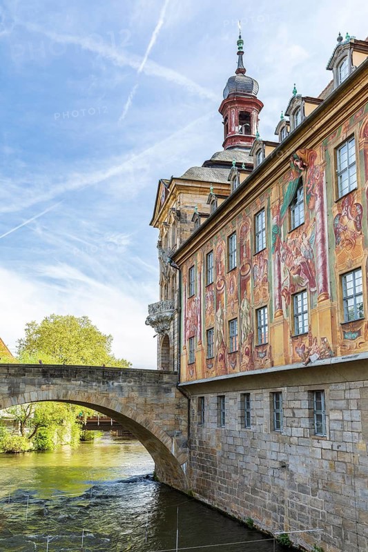 Facade painting on the Old Town Hall with Upper Bridge and Regnitz, Bamberg, Bavaria, Germany