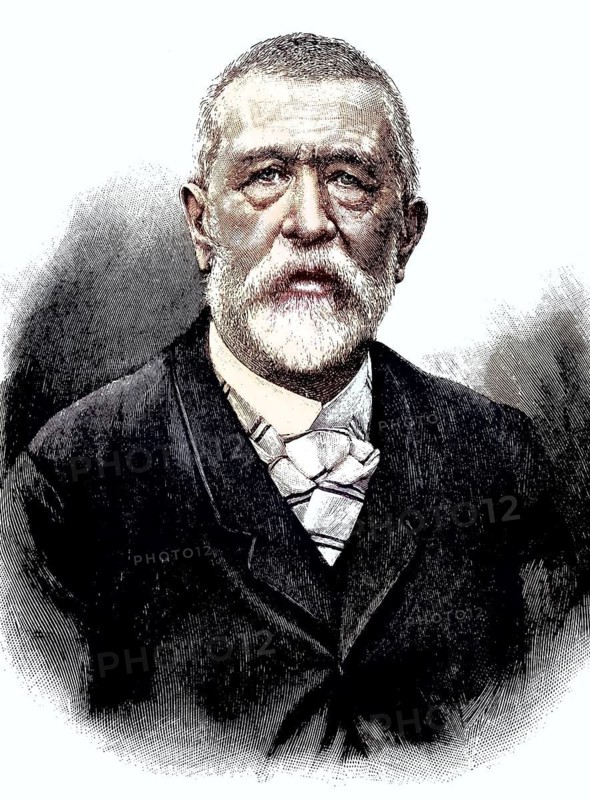 Arnold Böcklin, 1827, 1901, a Swiss painter, draughtsman, graphic artist and sculptor of symbolism, coloured wood engraving, reproduction from a model from ca 1888, Historical, A serious looking man with a beard wearing a suit