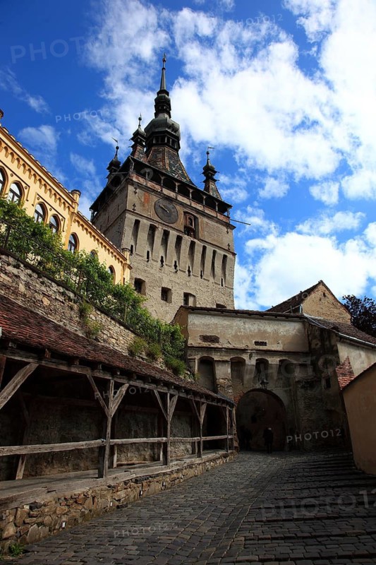 Romania, hour tower in the historic old town of Sighisoara, German Sighisoara, town in Mures district in Transylvania, UNESCO World Heritage Site
