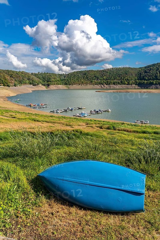 Lake Edersee, near Waldeck, the third largest reservoir in Germany, is currently at just under 13% of its normal level, the lake was last full in May 2022, dried out due to lack of rain, the water level is a good 25 metres below the normal level, Hesse, Germany