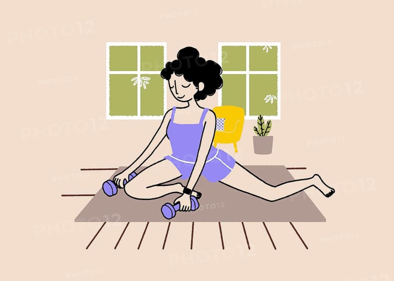 Illustration of a woman practicing yoga at home, sitting on a mat and lifting dumbbells. The room exudes a cozy, peaceful atmosphere with a chair and plant by the window