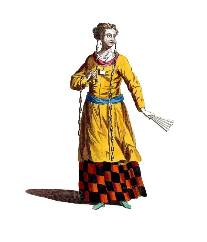 Historical clothing, fashion through the ages, traditional costume of a noble Tartar woman, around 1667, digitally restored reproduction of a model from the 18th/19th century, exact date unknown, woman in yellow dress with checked skirt, holding a fan and wearing plaits
