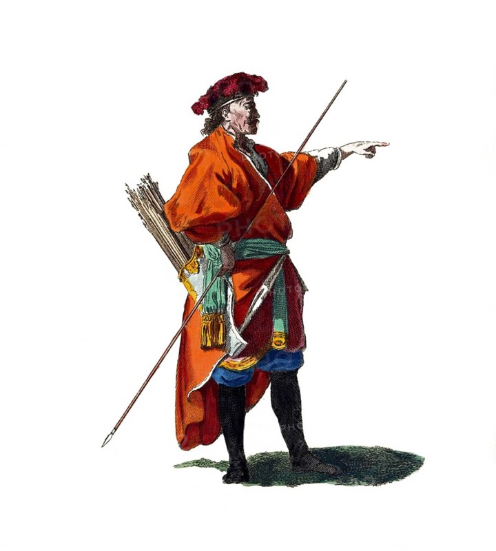 Historical clothing, fashion over time, clothing of a Tartar officer in 1765, digitally restored reproduction of an 18th/19th century model, exact date unknown, archer in orange-coloured clothing with arrows and bow, in a hunting pose