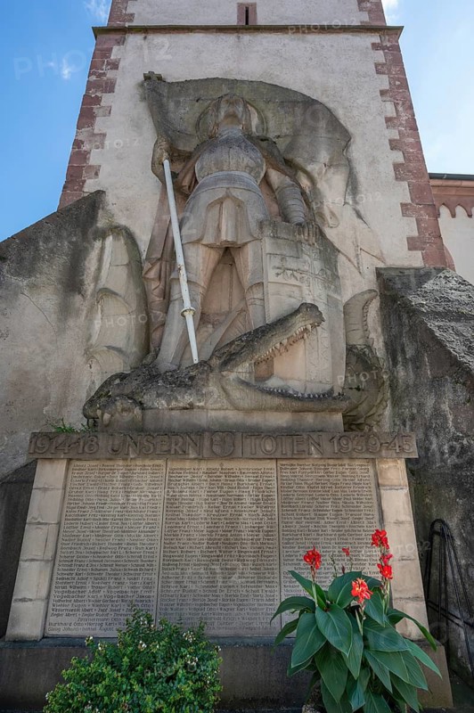 Sculpture of St George with the dragon on a war memorial from both world wars, 1914 to 1918 and 1939 to 1945, Endingen, Baden-Württemberg, Germany
