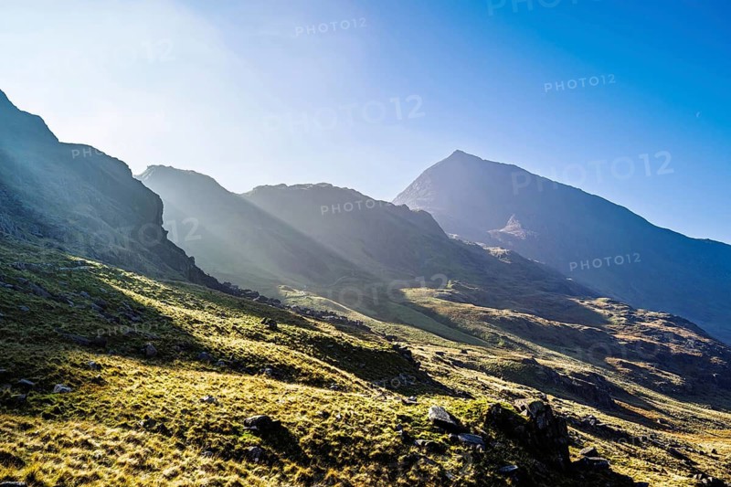 Autumn colours of Pen-y-Pass over Miner's Track, Start Point and road A4086, Snowdonia, Wales, UK