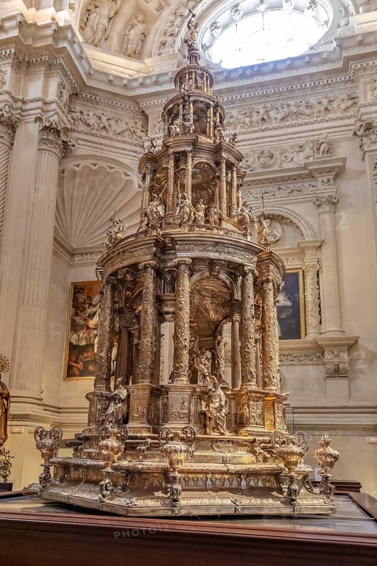 Detailed baroque altar with golden decoration in a church, Seville