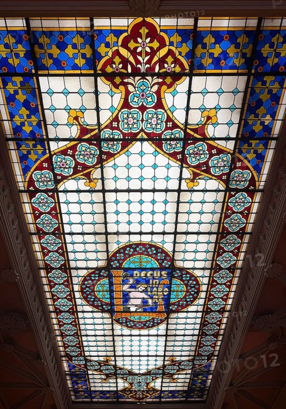 Livraria Lello, interior of the Lello bookstore on the upper floor with the magnificent ceiling glass window by Samuel Van Krieken, Porto, Portugal