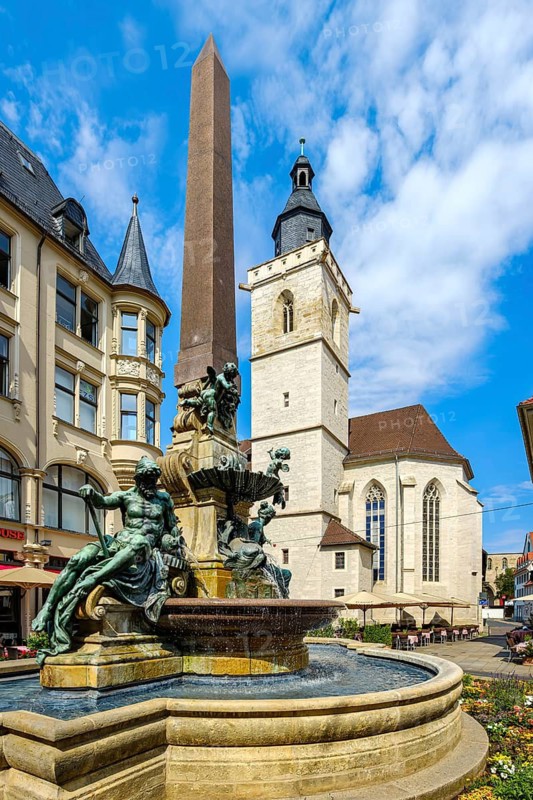 Old Anger Fountain and St Wigbert's Church on the Anger in Erfurt, Thuringia, Germany