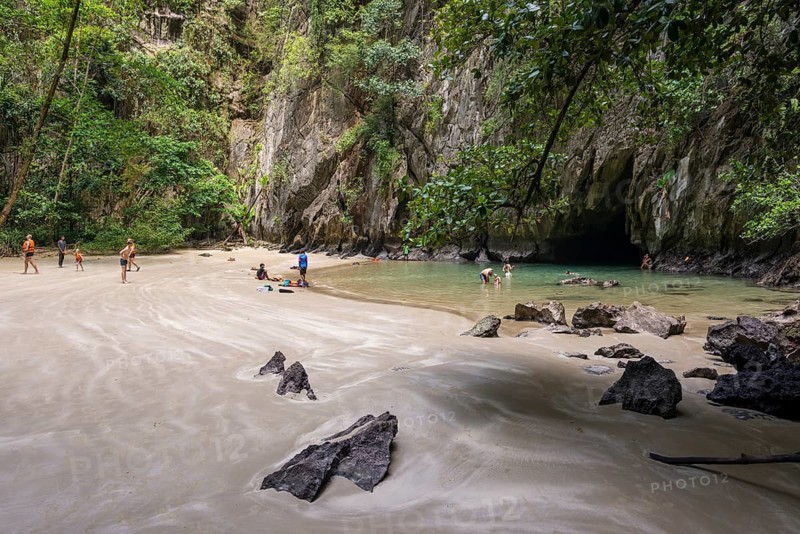 Sandy beach beach with cave in the rainforest, Emerald Cave, Koh Mook, Trang Province, Southern Thailand, Andaman Sea, Thailand