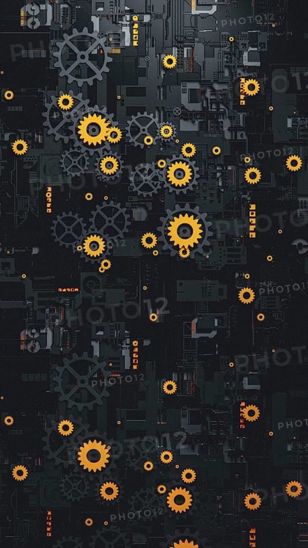 This abstract 3D background features a complex arrangement of gears in black and orange. The texture and pattern create a dynamic visual effect