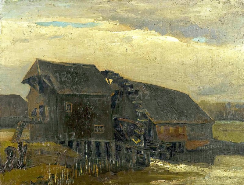 Water Mill At Opwetten (1884), Water Mill in Opwetten (1884), Painting by Vincent Willem van Gogh (born 30 March 1853 in Groot-Zundert, died 29 July 1890 in Auvers-sur-Oise), Dutch painter and draughtsman, one of the founders of modern painting, Illustration, Reproduction from a painting. Authentic, exact date of original unknown, Historical, Historical mill by the river with a dull sky and soft play of light