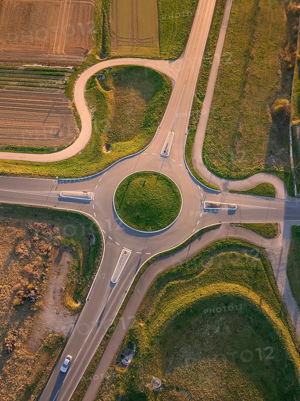 Aerial view of a rural roundabout surrounded by fields and roads, Nagold, Black Forest, Germany