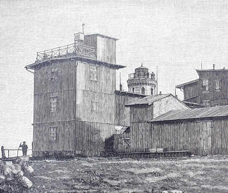 The meteorological observatory on the Brocken in the Harz Mountains, 1890, Germany, illustration, reproduction from a model from the 19th century. Authentic, file restored for optimal use, exact date of original unknown, historic wooden buildings with towers in a coastal area