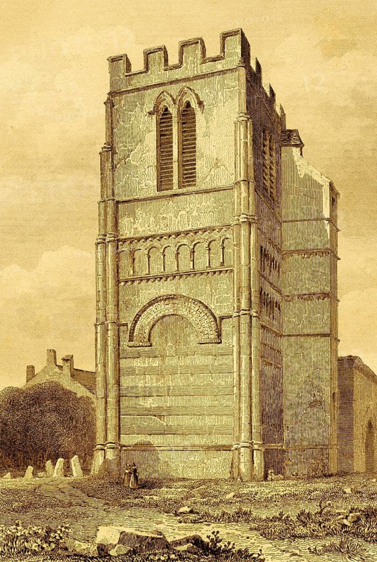 Tower of St. Peter's Church, Northampton, Norman church, battlements, architecture, deserted, graves, England, Great Britain, steel engraving, historical illustration 1842