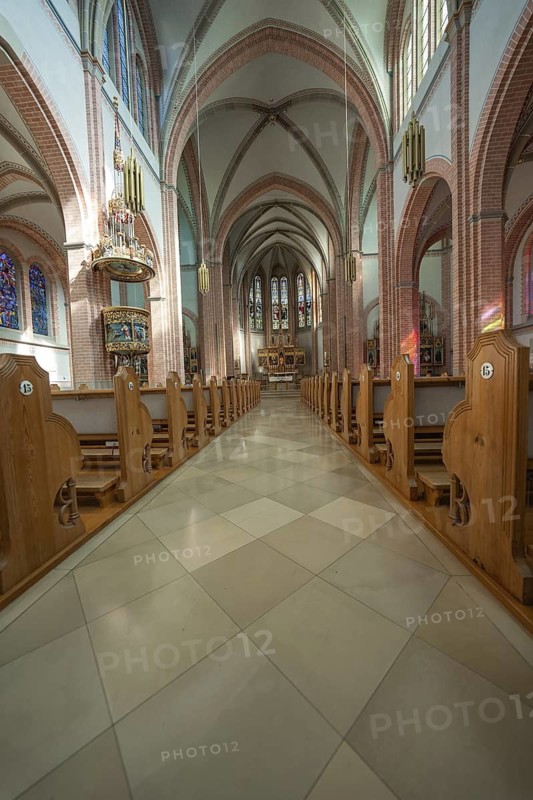 View through the interior of the church to the altar with impressive architecture, Sacred Heart, Bregenz, Austria
