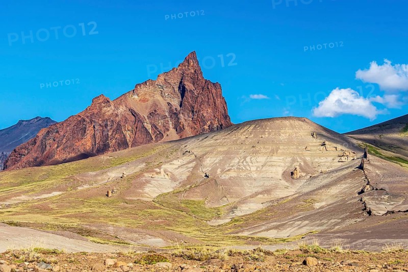 Mountain Cerro Zeballos, volcanic rock formation, at road Ruta 41, arid landscape, Los Antiguos - Paso Roballo, Argentina