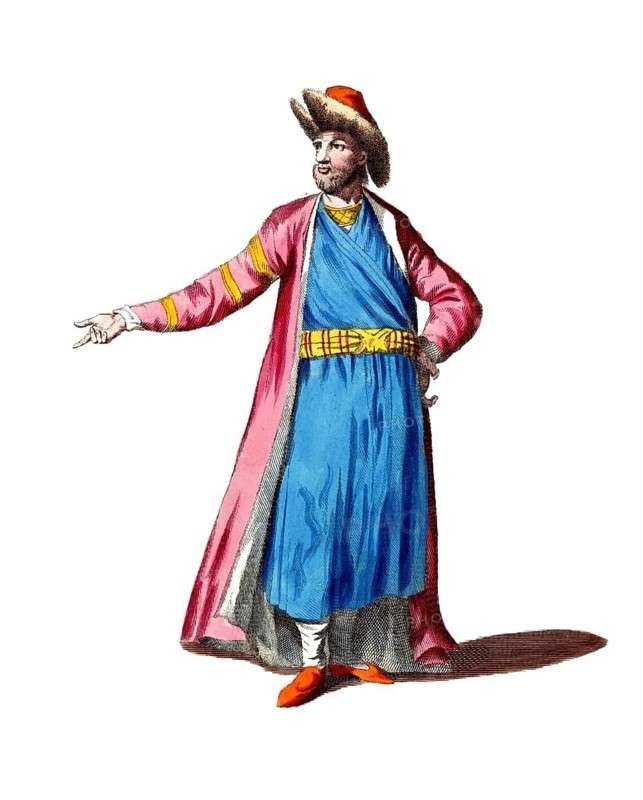 Historical clothing, fashion over time, clothing style of an Armenian immigrant from Persia in 1700, digitally restored reproduction of an 18th/19th century model, exact date unknown, man in colourful historical traditional costume, gesticulating