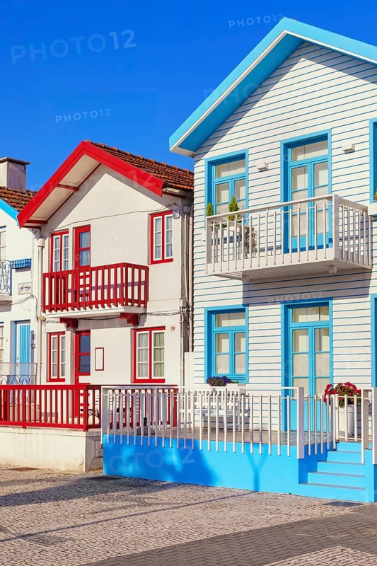 Brightly painted beach homes, Costa Nova do Prado, Aveiro, Portugal