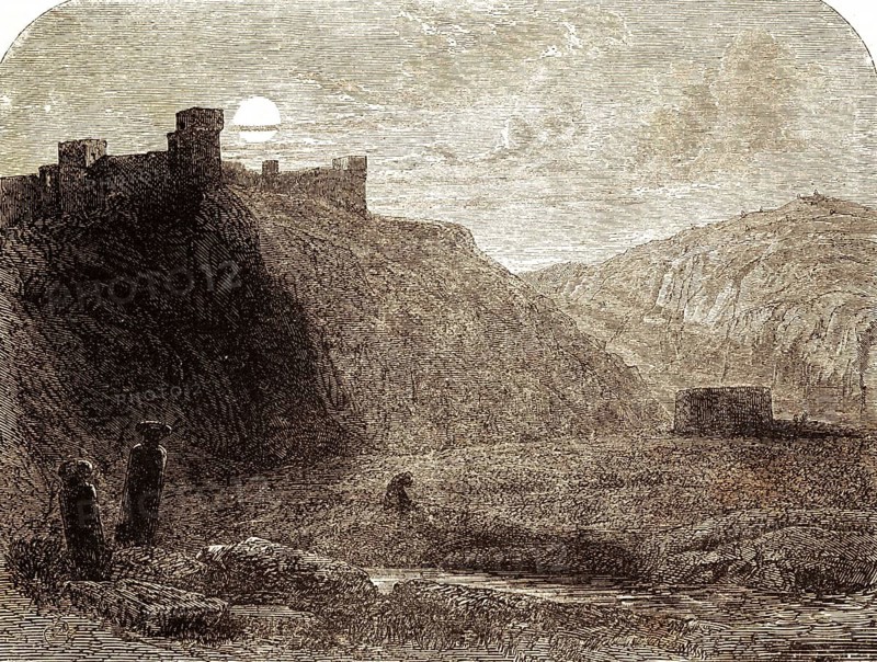Hakeldama in the valley south of Jerusalem, the Acts of the Apostles, chapter 1, verse 19, New Testament, blood field, fortress, mountains, Bible, historical illustration 1850