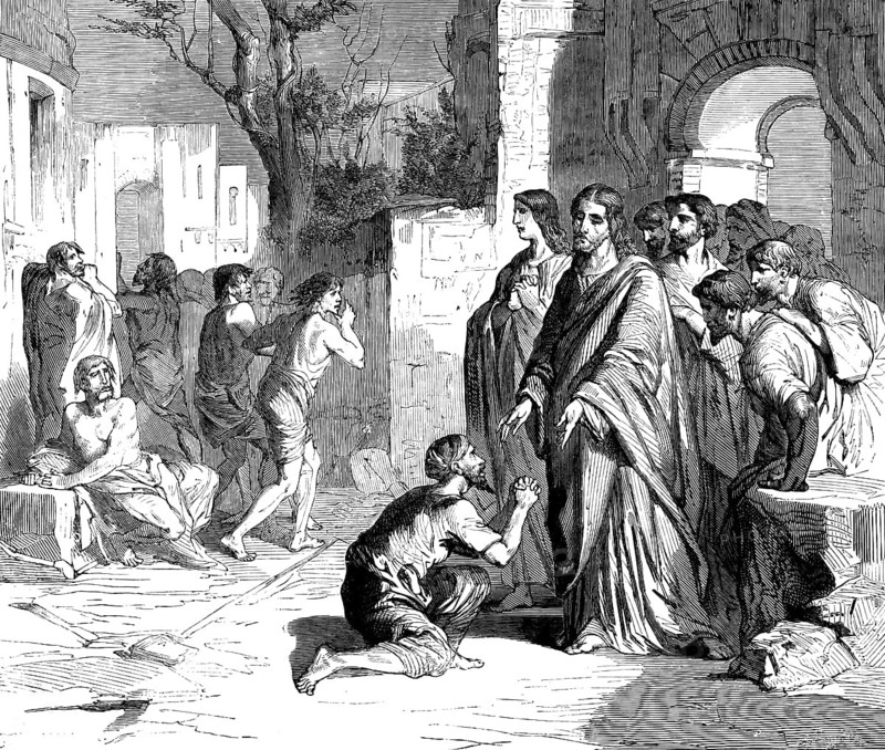 Healing the Ten Lepers, Gospel of Luke, Chapter 17, Verse 16, New Testament, Jerusalem, Market, Jesus, Sick Standing Aside, Healing, Samaritan Kneels Down, Bible, Historical Illustration 1850