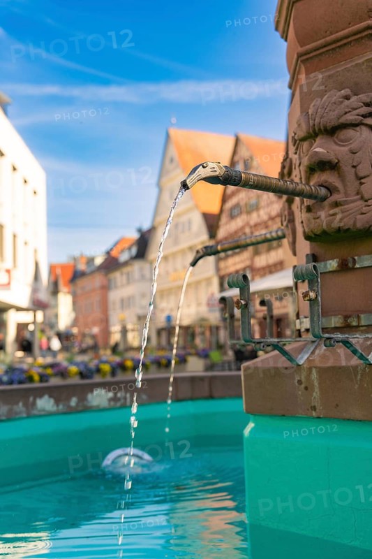 Close-up of a fountain in a town with flowing water and decorative details, Nagold, Black Forest, Germany