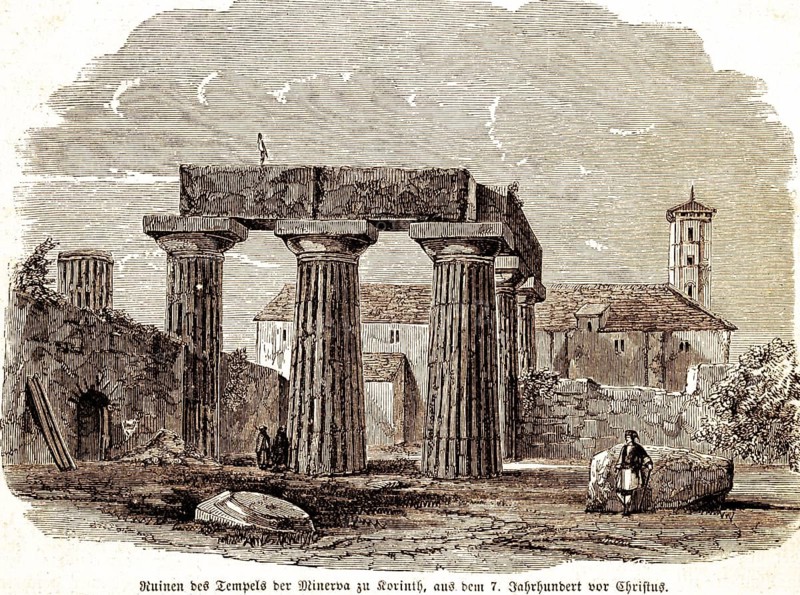 Corinth, Greece, ruins of the temple of Minerva, 7th century BC, epistle Paul to the Corinthians, New Testament, letter, pillars, church, visitor, Bible, historical illustration 1850