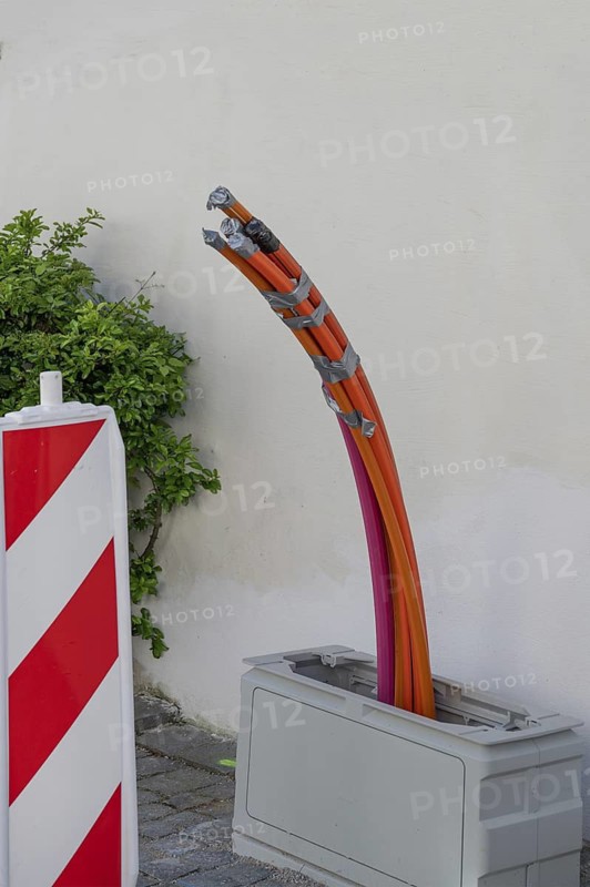 Fibre optic cable prepared for the house connections, Gößweinstein, Upper Franconia, Bavaria, Germany