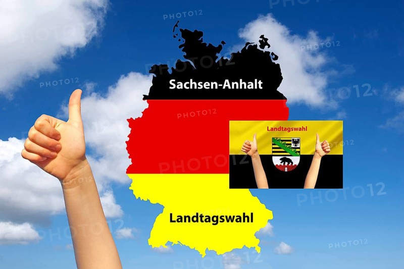 State elections in Saxony-Anhalt, map of Germany, country flag, thumbs up, confidence, studio shot, Lower Saxony, Federal Republic of Germany