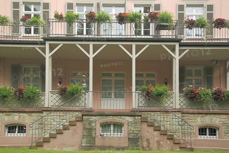 Late classical Pauline Palace built in 1847, arcade, floral decoration, art nouveau, staircase, balcony, idyll, stairs, Bad Soden, Taunus, Hesse, Germany