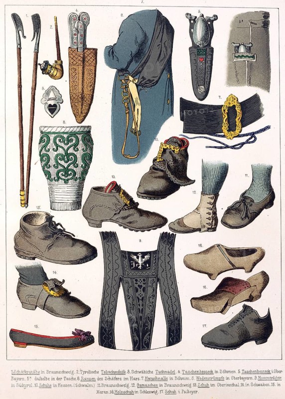Traditional costumes in Germany around 1820, details such as shepherd's crook, tobacco pipe, cloth pin, pocket cutlery, satchel, hat buckle, calf stocking, braces, shoes, gaiters etc., various traditional men's accessories and tools, carefully illustrated, digitally retouched reproduction of a model from around 1850, by Albert Kretschmer (27 February 1825, 11 July 1891), German painter and traditional costume expert