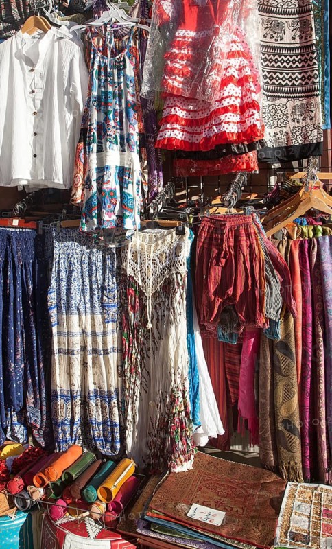 Close up of pretty female clothing on sale outside a tourist shop in, Granada, Spain