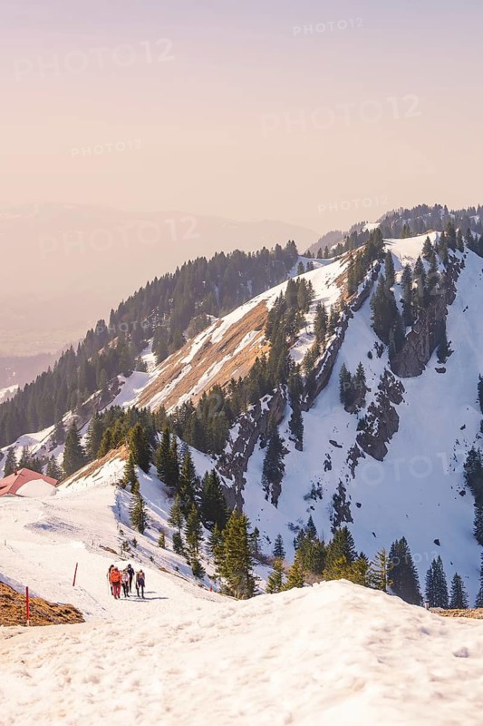A group of hikers climb a snow-covered mountain trail that stretches to a majestic peak, Hochgrat Mountains, Allgäu Alps, Oberreute, Germany