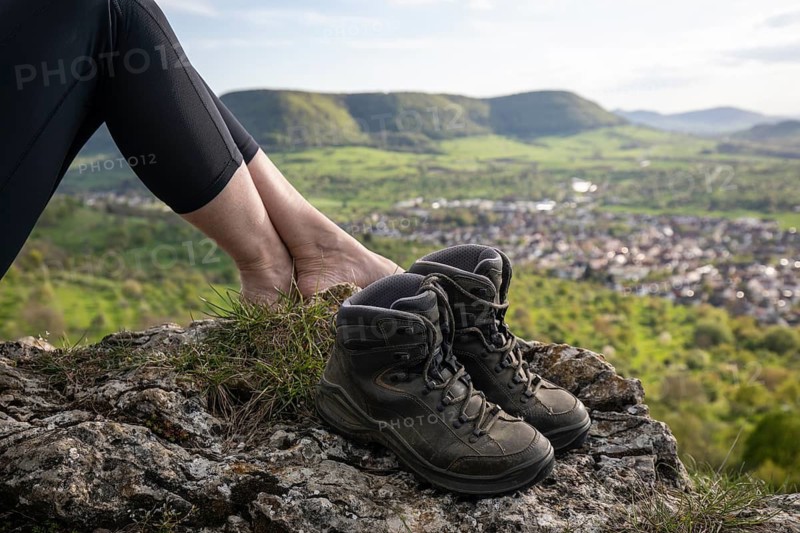 Barefoot hiker resting on a rock with hiking boots, panoramic valley view in background. Swabian Alb, Baden-Wuerttemberg, Germany