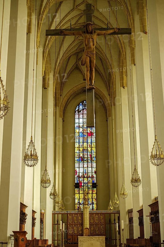 Crucifix and view into the choir, interior view of the Church of Our Lady, or Cathedral of Our Lady, in Munich, Bavaria, Germany, for editorial use only