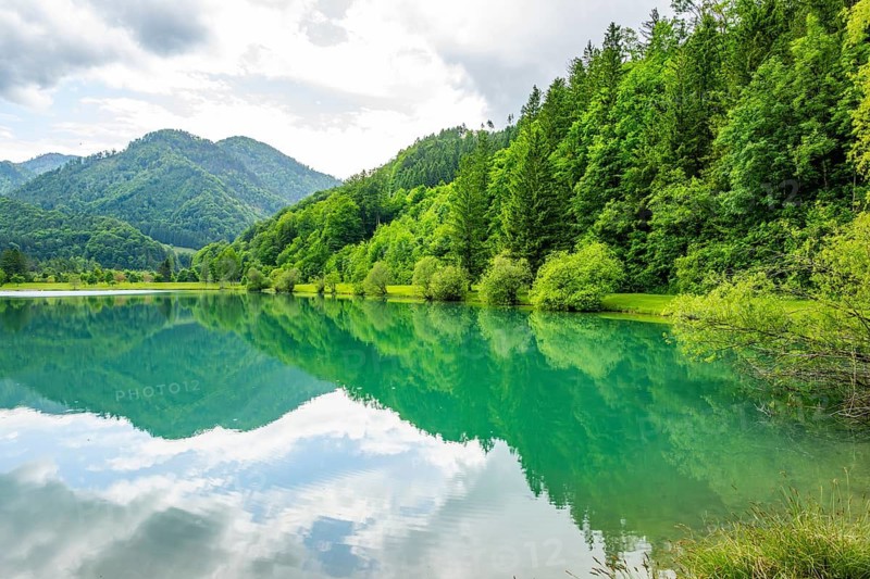Landscape of Lake Elisabethsee on a rainy day in spring, Austria