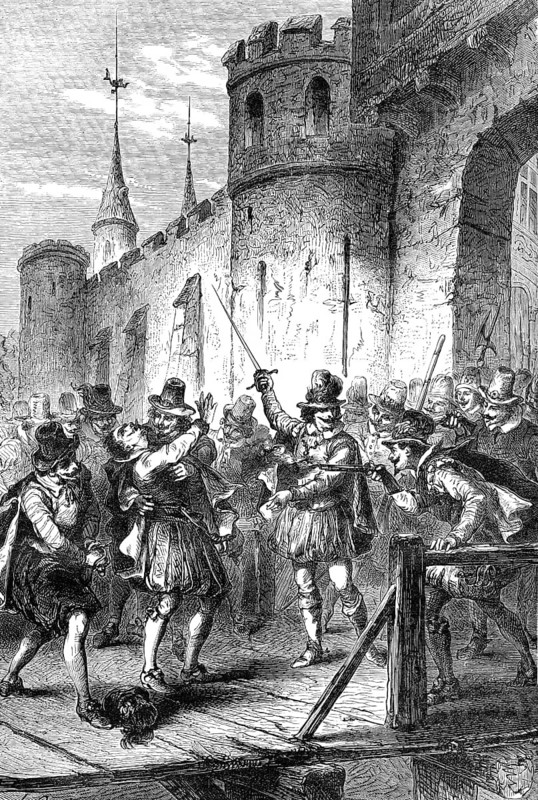 The assassination of Concino Concini, marquis d'Ancre, on the bridge of the Louvre, Paris, France
