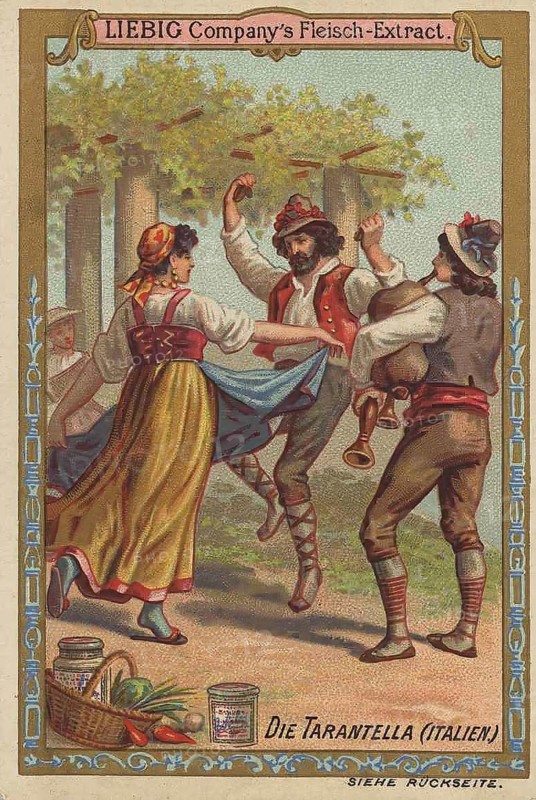 Picture series various dances, Tarantella, Tarantela, a folk dance originating from southern Italy, Liebig picture, digitally restored reproduction of a collective picture from ca 1900, public domain, exact date unknown, Italian dancers perform a cheerful Tarantella in a sunny forest clearing