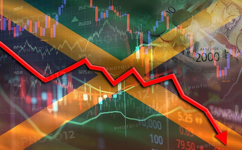 Jamaica financial fall on economy market. Jamaican financial crisis on economic graph