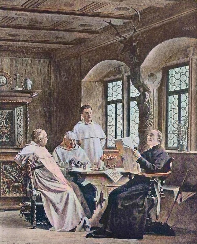 Reading the newspaper by the monks in the monastery, 1880, Germany, Historic, digitally restored reproduction of a 19th century original