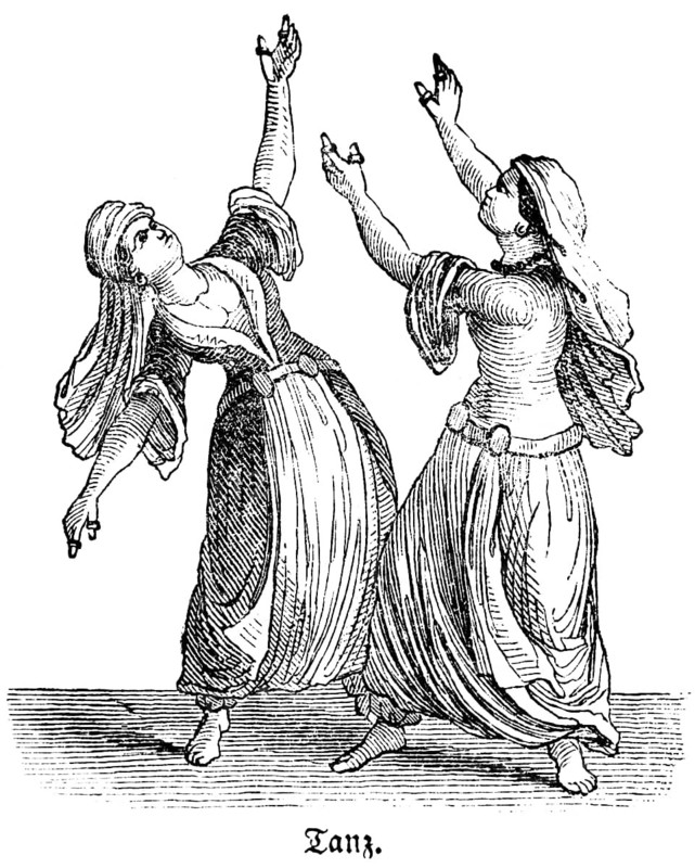 Two dancing woman, in ancient times only same-sex couples danced, performances at festivities and for entertainment, Bible, historical illustration, Biblisches Handwörterbuch 1862