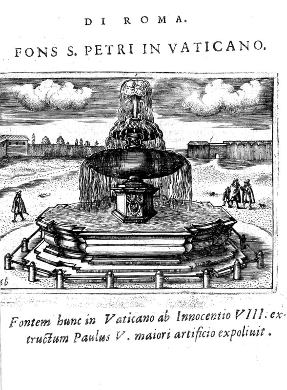 Fontana da S.Pietro in Vaticano, Fountain in St Peter's Square in the Vatican, Rome, Italy, Historical, digitally enhanced reproduction from Grandezze della citta di Roma antiche et moderne by Jacomo Crulli de Marcucci, from 1630