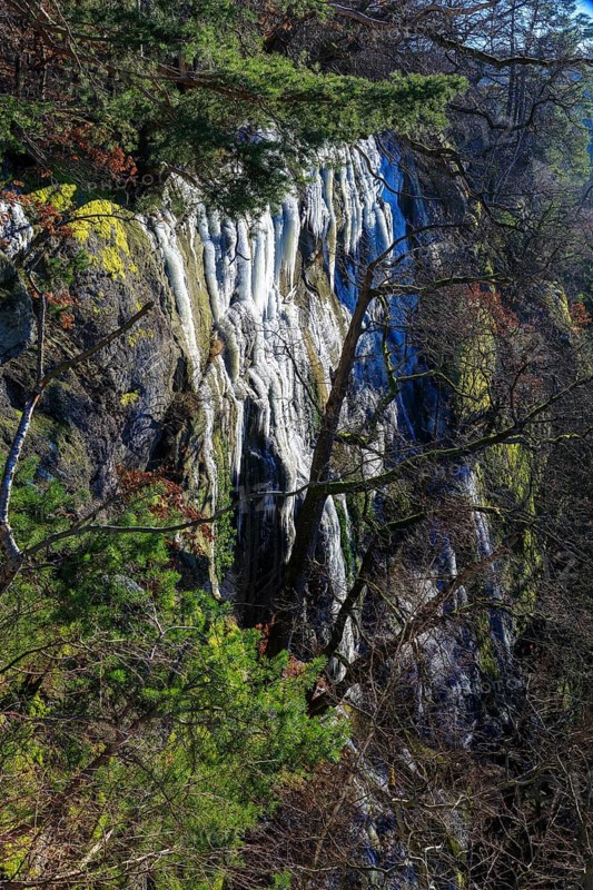 The moisture escaping from the sandstone freezes on the rock faces to form icicles and small waterfalls, view from the Hohnstein knight's rock, Saxon Switzerland, Saxony, Germany