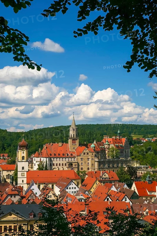 Hohenzollern Castle Sigmaringen, former princely residence and administrative seat of the Princes of Hohenzollern-Sigmaringen, city castle, architecture, historical building, left Roman Catholic parish church of St. John, St. John the Evangelist, baroque hall church, church, south view, view, city view, roofs, houses, sky, clouds, Sigmaringen, Upper Swabia, Baden-Württemberg, Germany