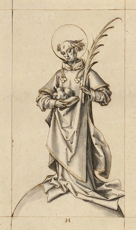 Picture shows St Stephen, the first Christian martyr, with typical attributes such as the martyr's palm and stones indicating his stoning, authentic reproduction of a work of art, painting, drawing by Hans Holbein the Elder (born 1465 in Augsburg, died 1524 in Basel or Isenheim), German painter of the Renaissance, historical