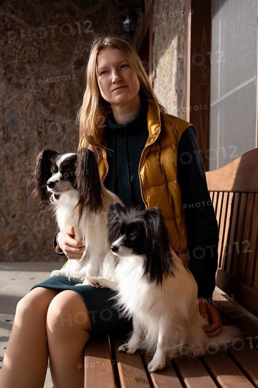 A woman wearing a yellow vest is seated on a wooden bench, accompanied by two purebred Papillon dogs. The dogs display their distinct large ears and silky fur, basking in the sunlight