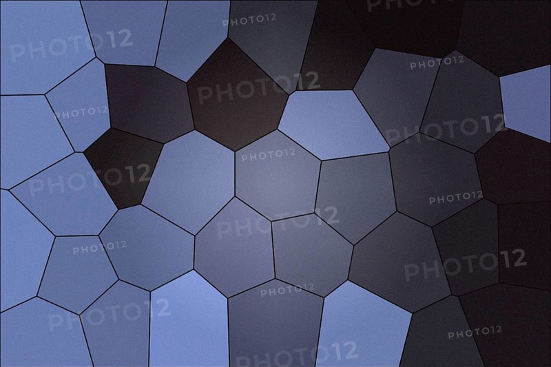 This digital artwork presents a creative mosaic made of irregular pentagon and hexagon shapes, featuring a gradient from light blue to dark gray